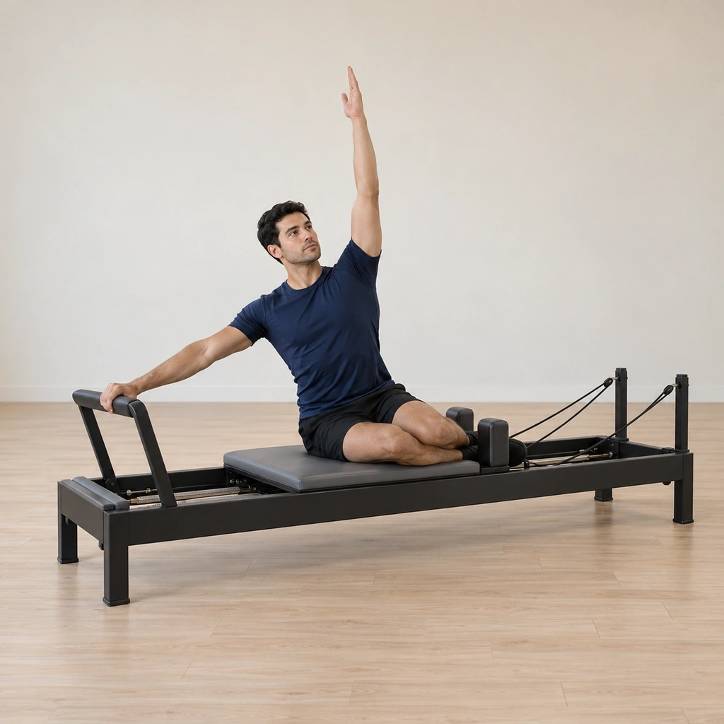 He sits tall side-on with one hip on the carriage, both shins stacked inside the shoulder rests, his inside hand on the footbar and his outside arm reaching to the sky.
