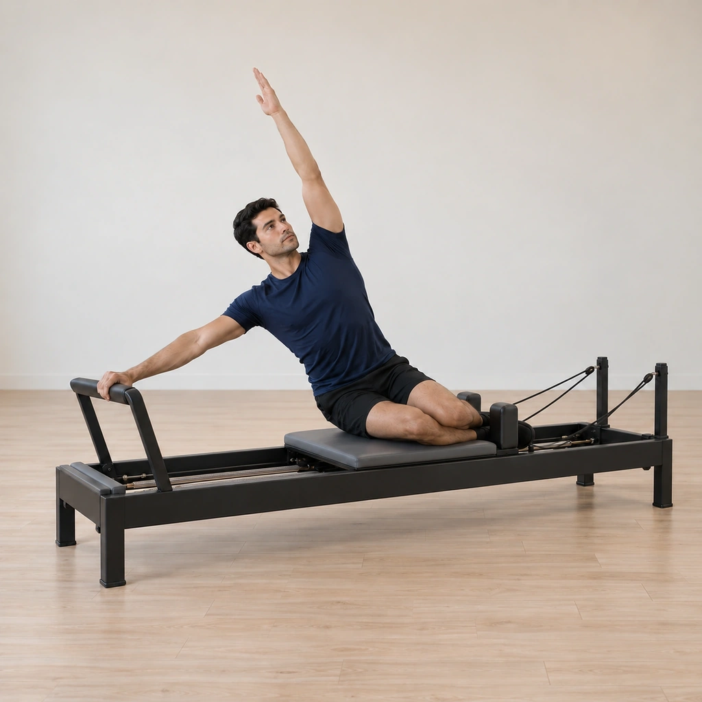 His legs have driven into the shoulder rests and the carriage has travelled out along the frame, his waist long, his inside hand on the bar and his outside arm still lifted.