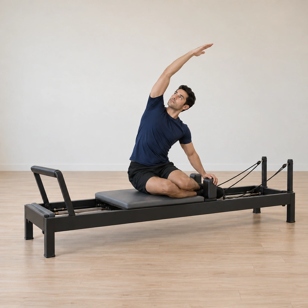 His shoulder-rest-side hand has moved to the shoulder block in front while his outside arm arcs up and over, his shins still stacked in the rests and his side stretch opened.