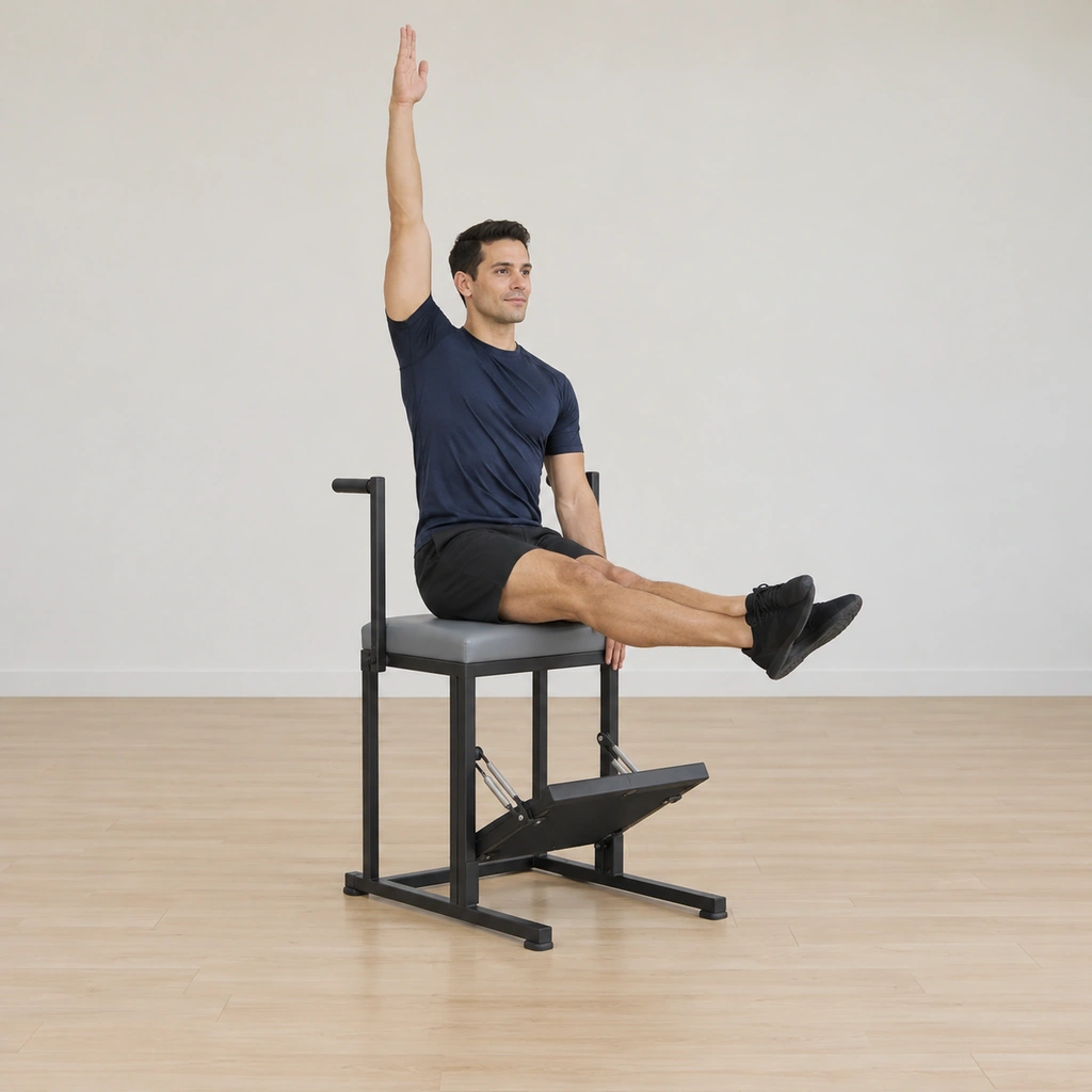 He sits side-facing on the wunda chair top, his legs held straight out in front of him by his hips with the inside ankle crossed on top, his inside arm reached down beside him and his outside arm reached up by his ear.