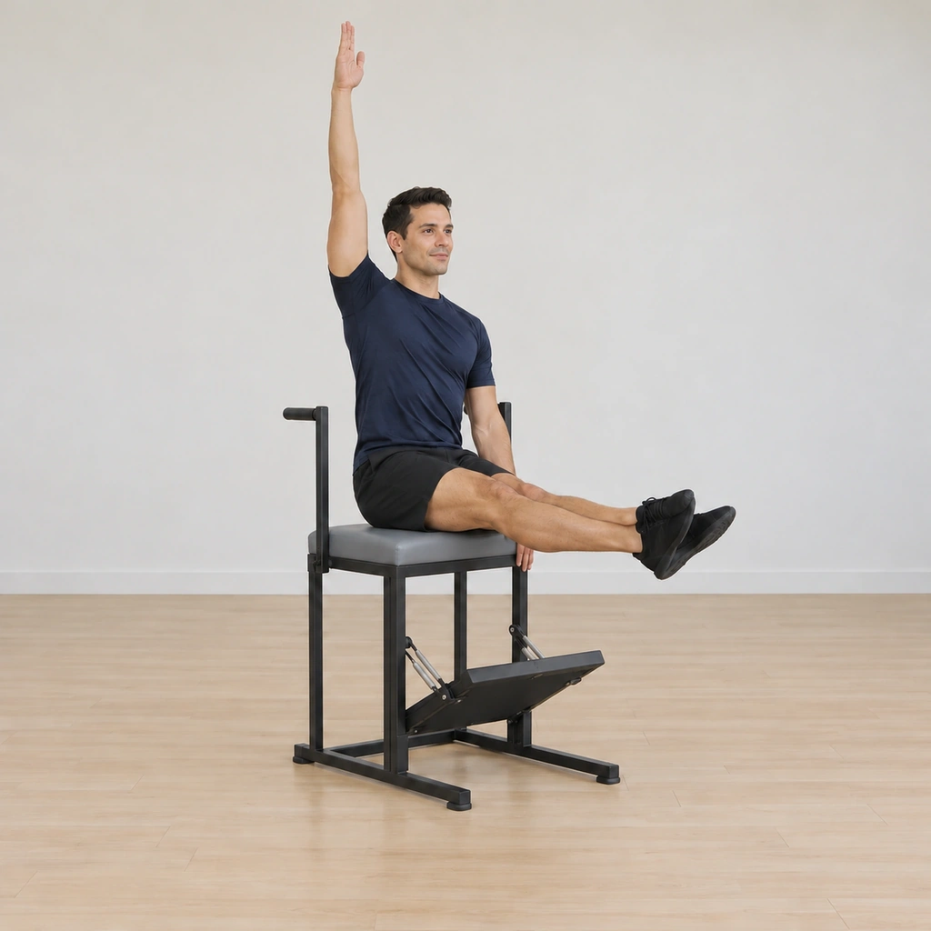 He has returned to the tall seat on the chair top, his spine vertical again, his outside arm back up and inside arm down, his legs still held straight out in front of him.