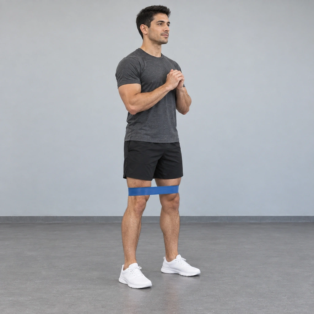 A man standing tall, a resistance band looped around both legs just above his knees.