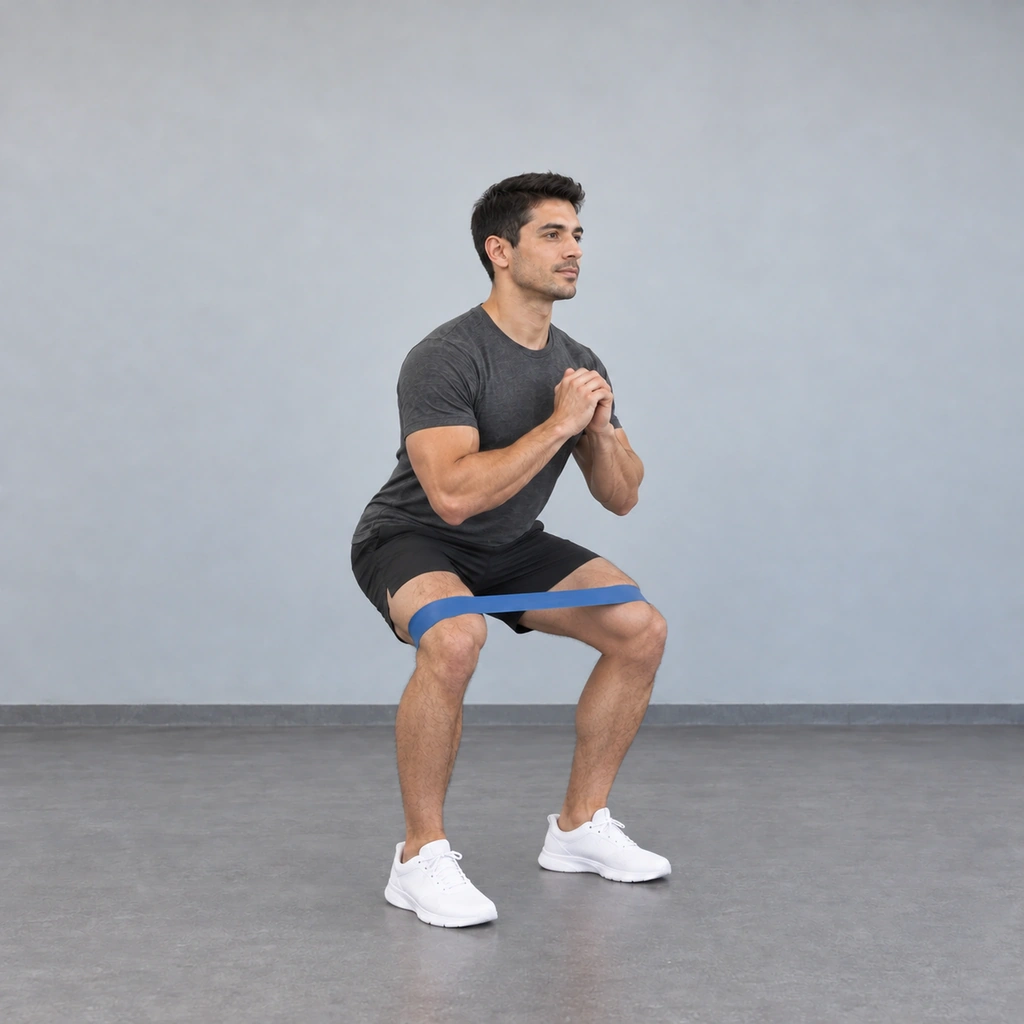 The same man, now squatting with his hips back, knees bent and pressed outward against the band, thighs approximately parallel to the ground.