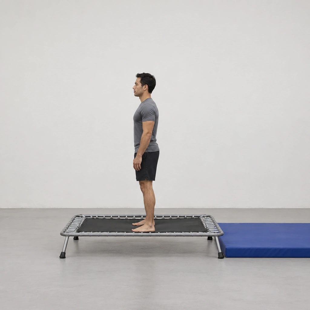 A man standing tall and centred on a mini-trampoline's canvas in near profile, feet flat shoulder-width, knees softly bent, arms relaxed by his sides, the canvas nearly flat under him.