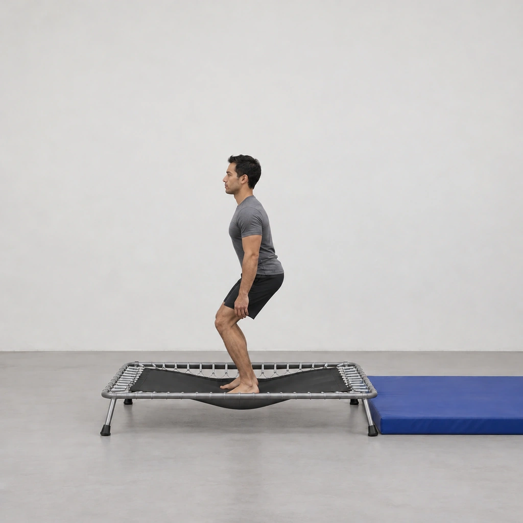 The same man caught at the bottom of the bounce on the mini-trampoline, the canvas dished in a deep bowl under both flat feet, knees and hips flexed, arms low.