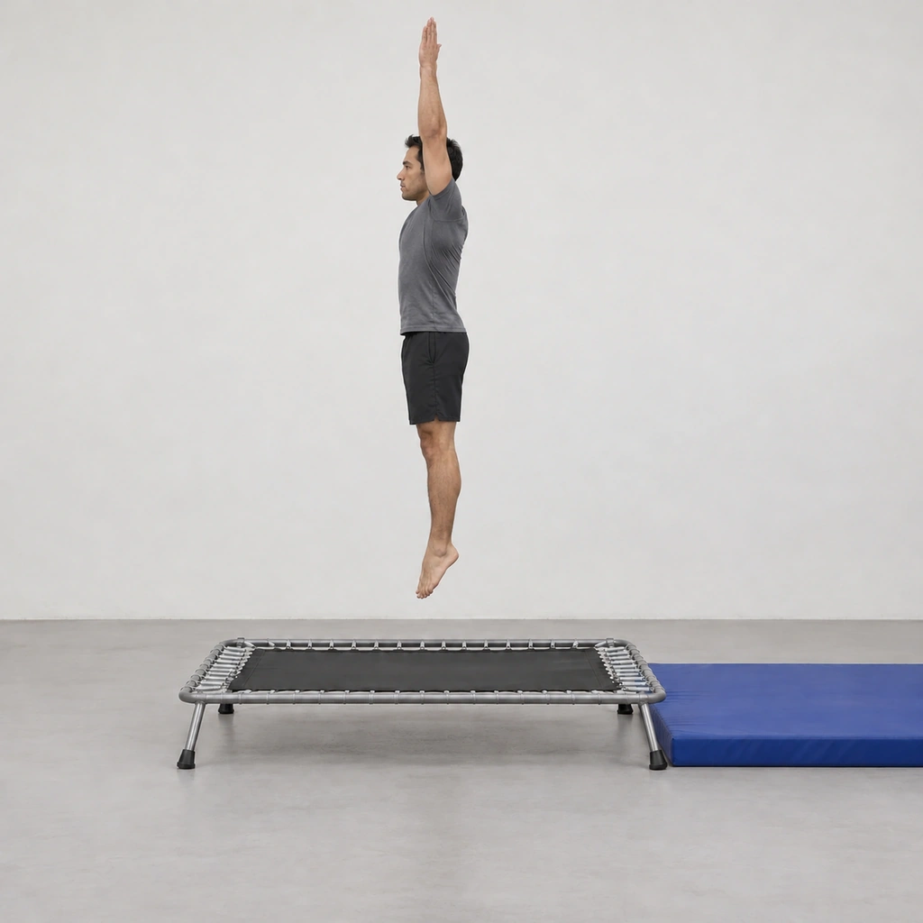 The same man fully airborne above the mini-trampoline, body completely extended, legs straight and together, arms reached up by his ears, the level canvas beneath him.