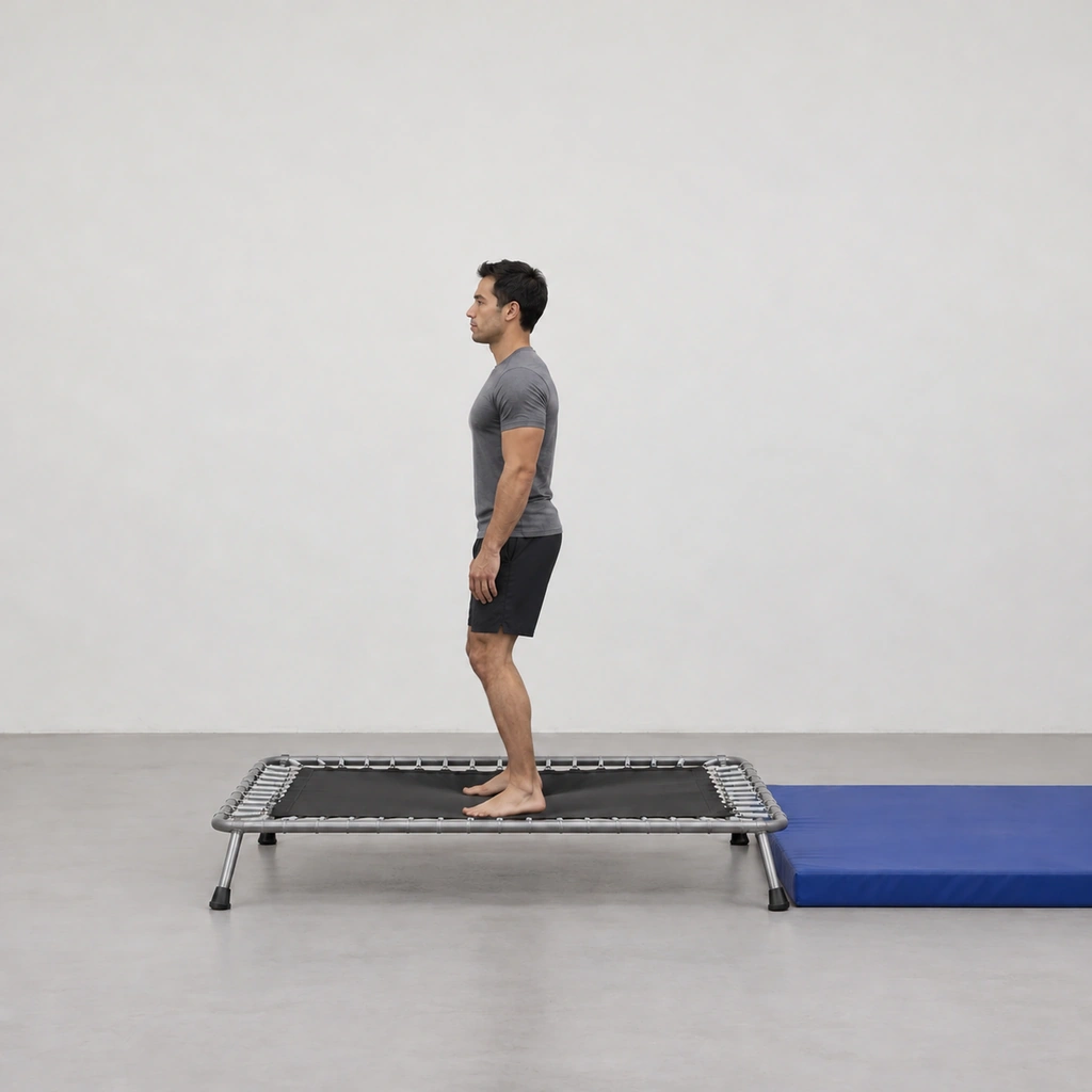 The same man landing on the mini-trampoline, both feet contacting the centre of the canvas at once as it begins to dish under him, knees slightly bent, arms by his sides.