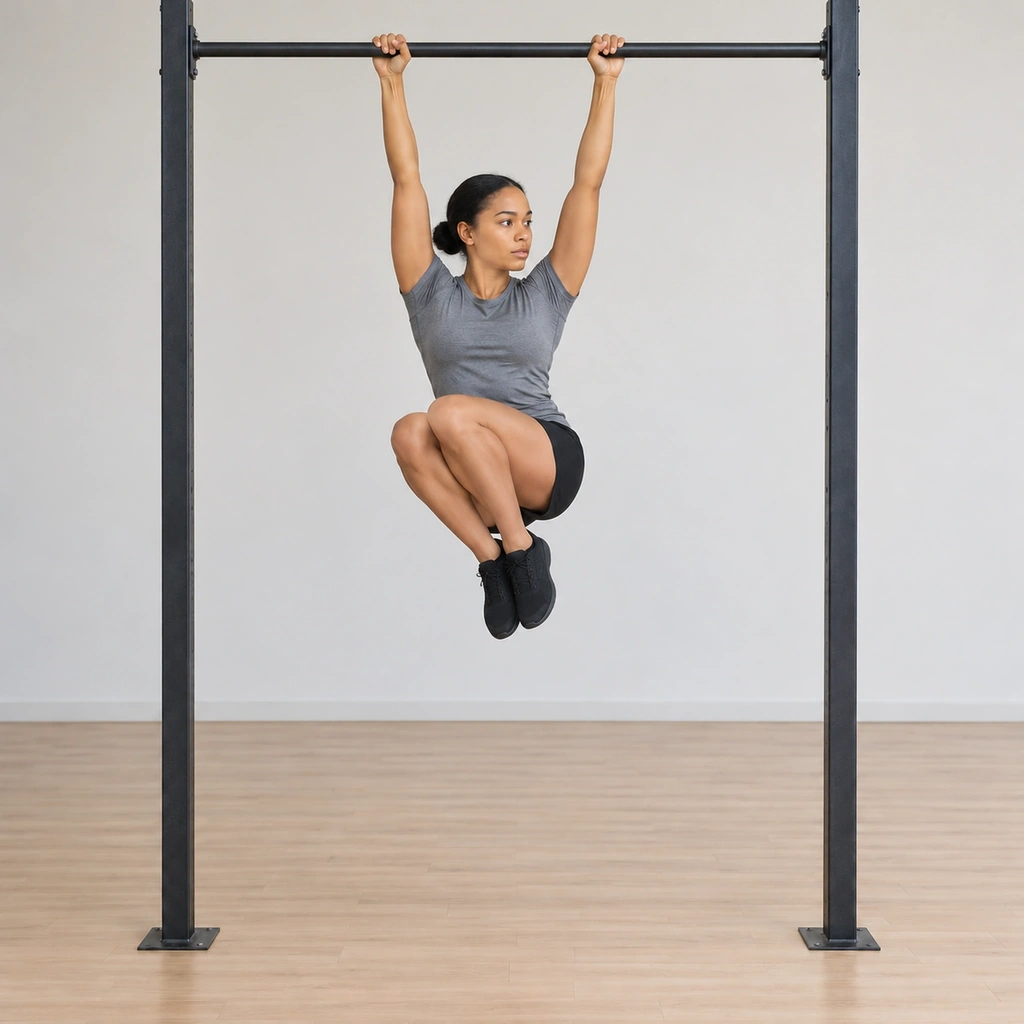 She has driven her knees up and across: both knees bent and lifted diagonally toward her right shoulder, her trunk twisting slightly under the bar; her arms stay extended.