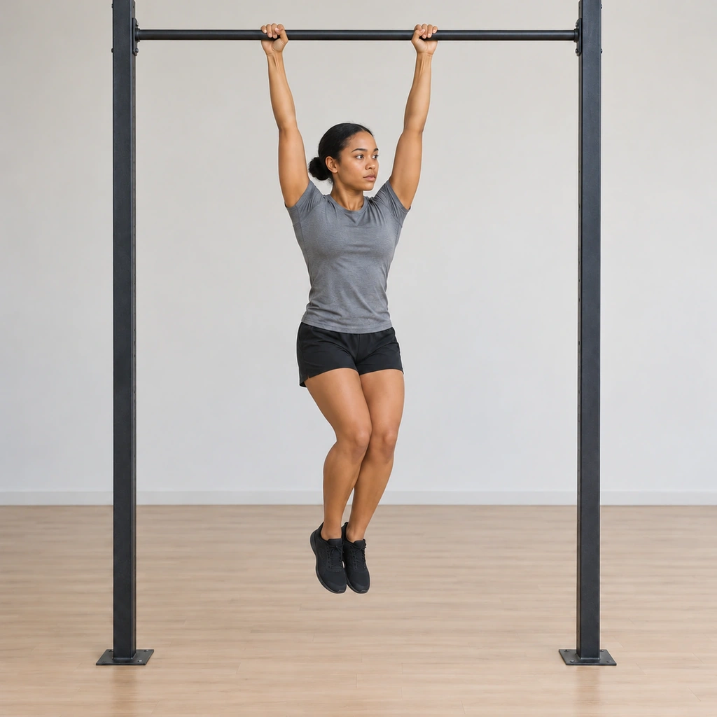 She has lowered her legs back to the dead hang: body vertical again, legs hanging straight, the trunk untwisted - the switch point between sides.