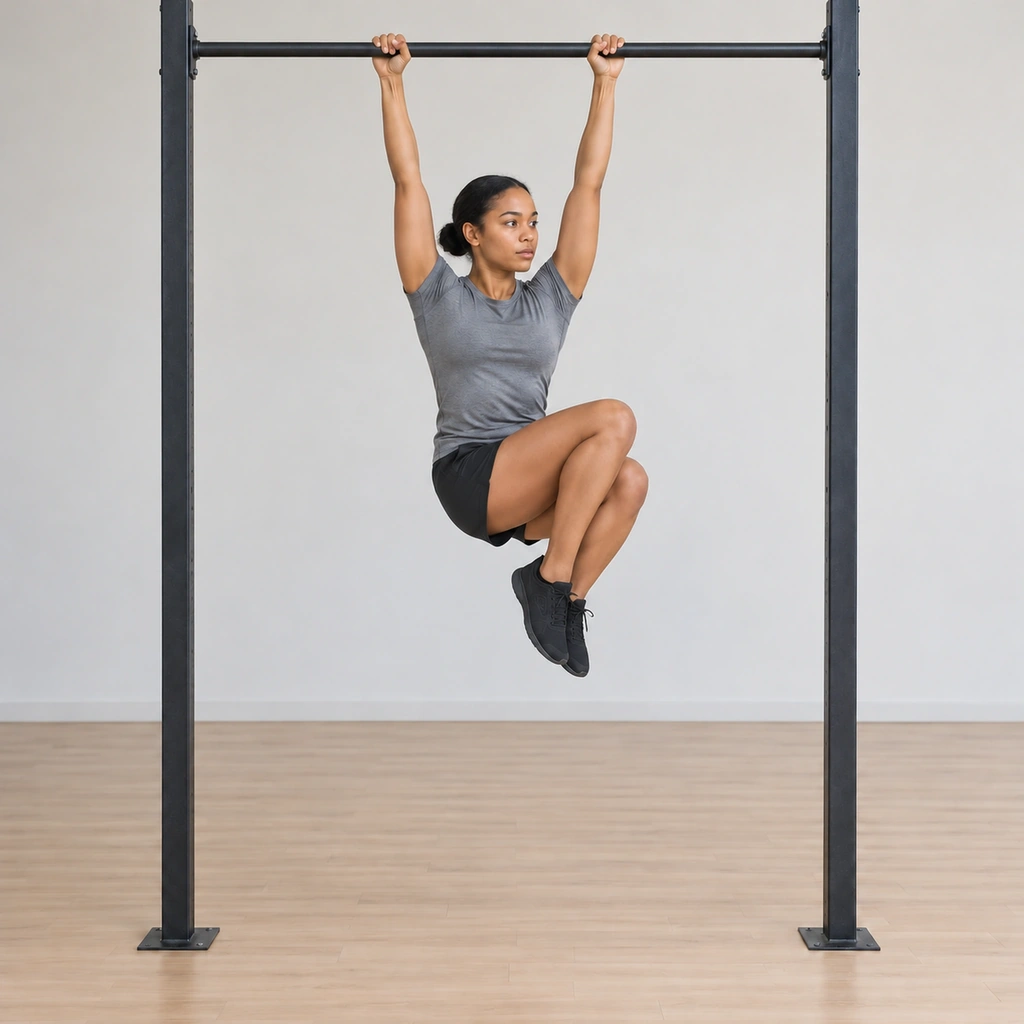 She has driven her knees up and across the other way: both knees bent and lifted diagonally toward her left shoulder, her trunk twisting slightly under the bar - the alternated side.