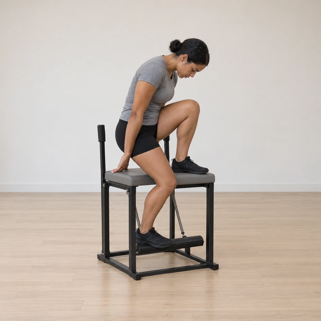 She perches with one foot on the wunda chair top and the other foot on the pedal with that knee bent, her fingertips resting on the back edge of the chair, her spine rounded over the front leg.