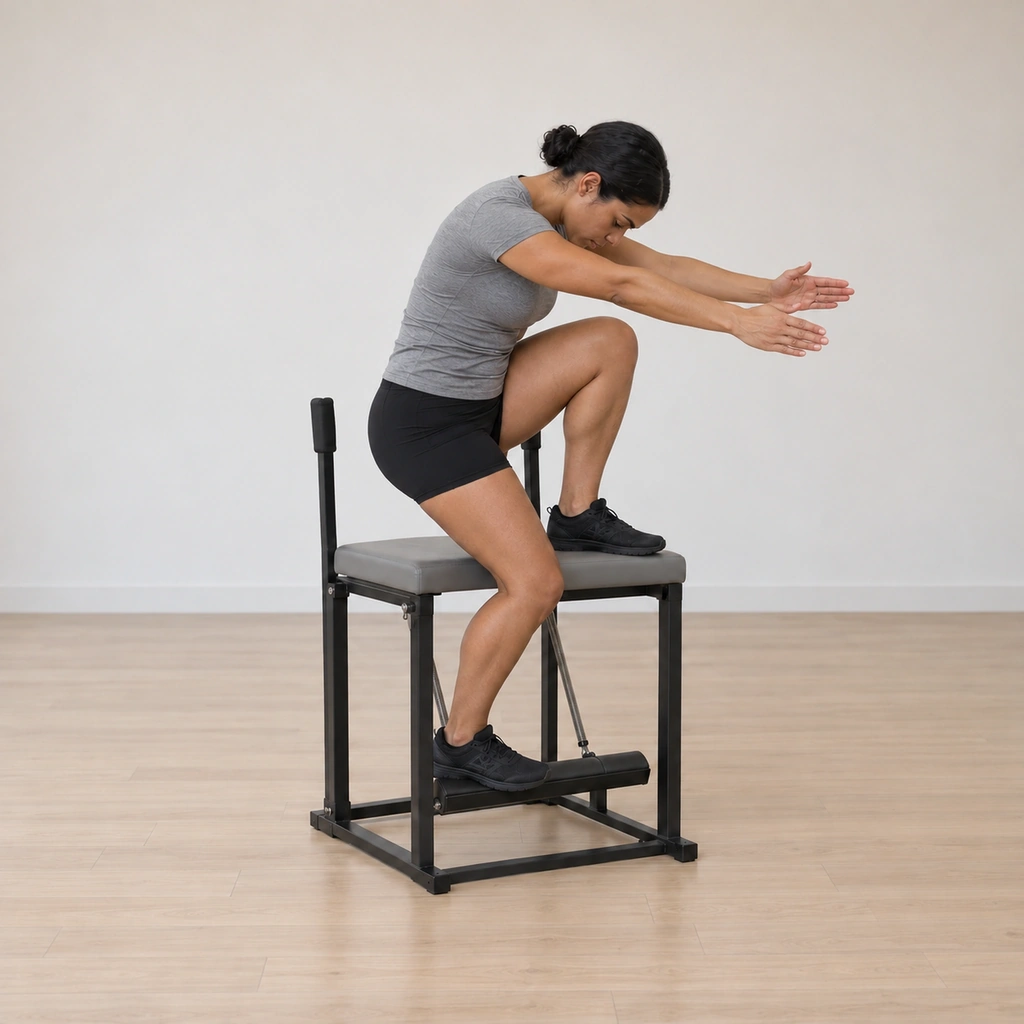 Her arms reach beyond the chair from her back while she hovers rounded over her front leg and her pedal leg pumps the spring pedal, her hips steady and her back like the stomach-massage round shape.