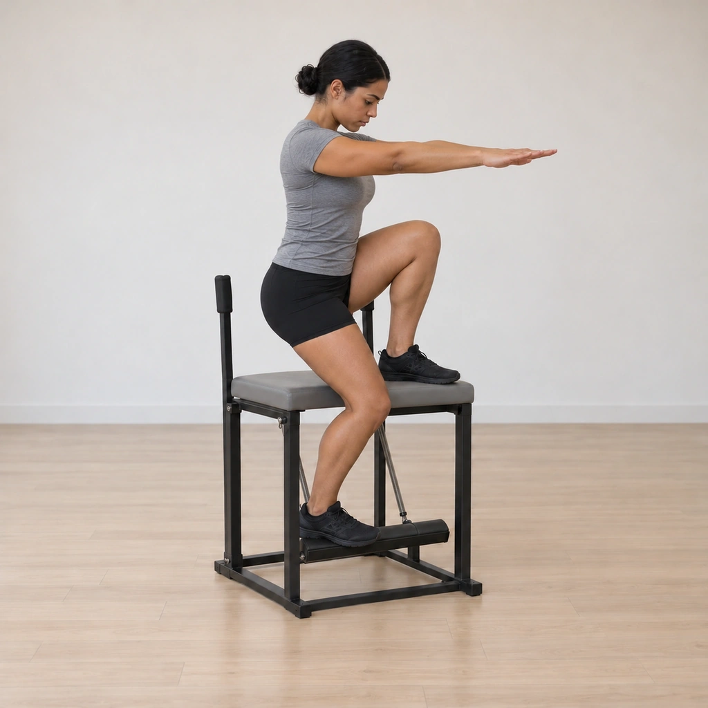 Her torso is rolled up to a tall straight back over the same leg shape, her arms still reaching beyond the chair, while her pedal leg continues pumping the spring pedal.