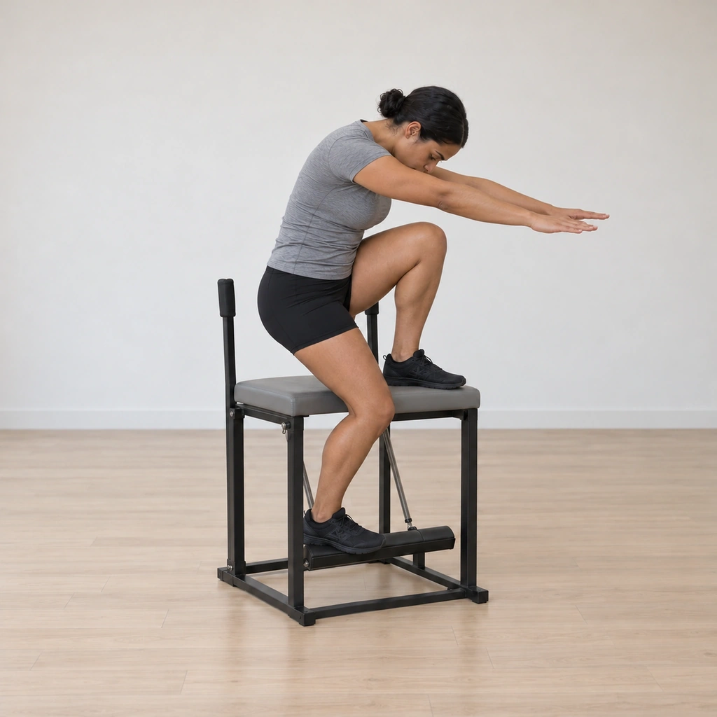 Her spine is rounded forward again over the front leg with her arms still reaching, while her pedal leg finishes the last pumps of the spring pedal under control.