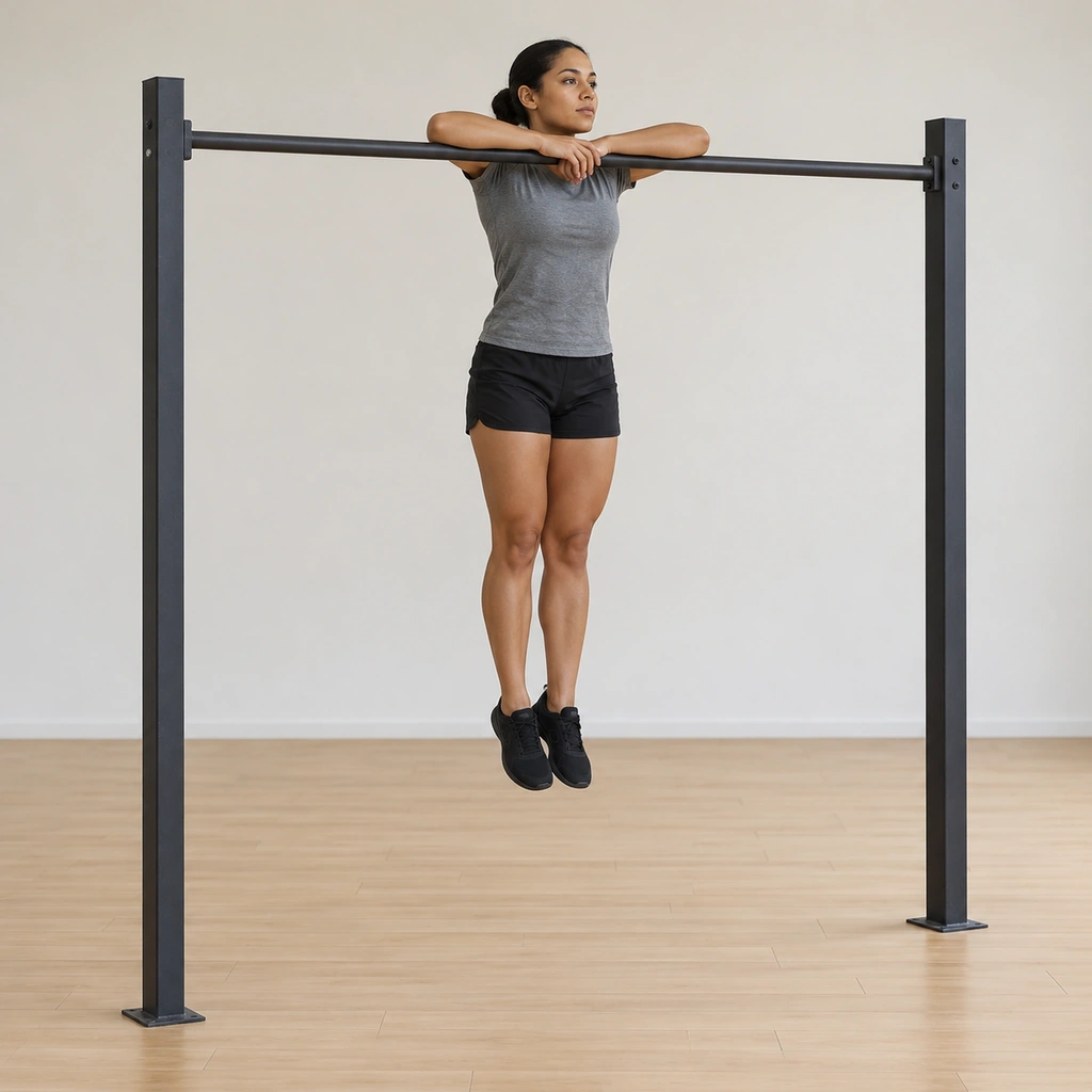 She hangs from the horizontal bar on both forearms with her face above the bar, hands overlapping and her body hanging clear.