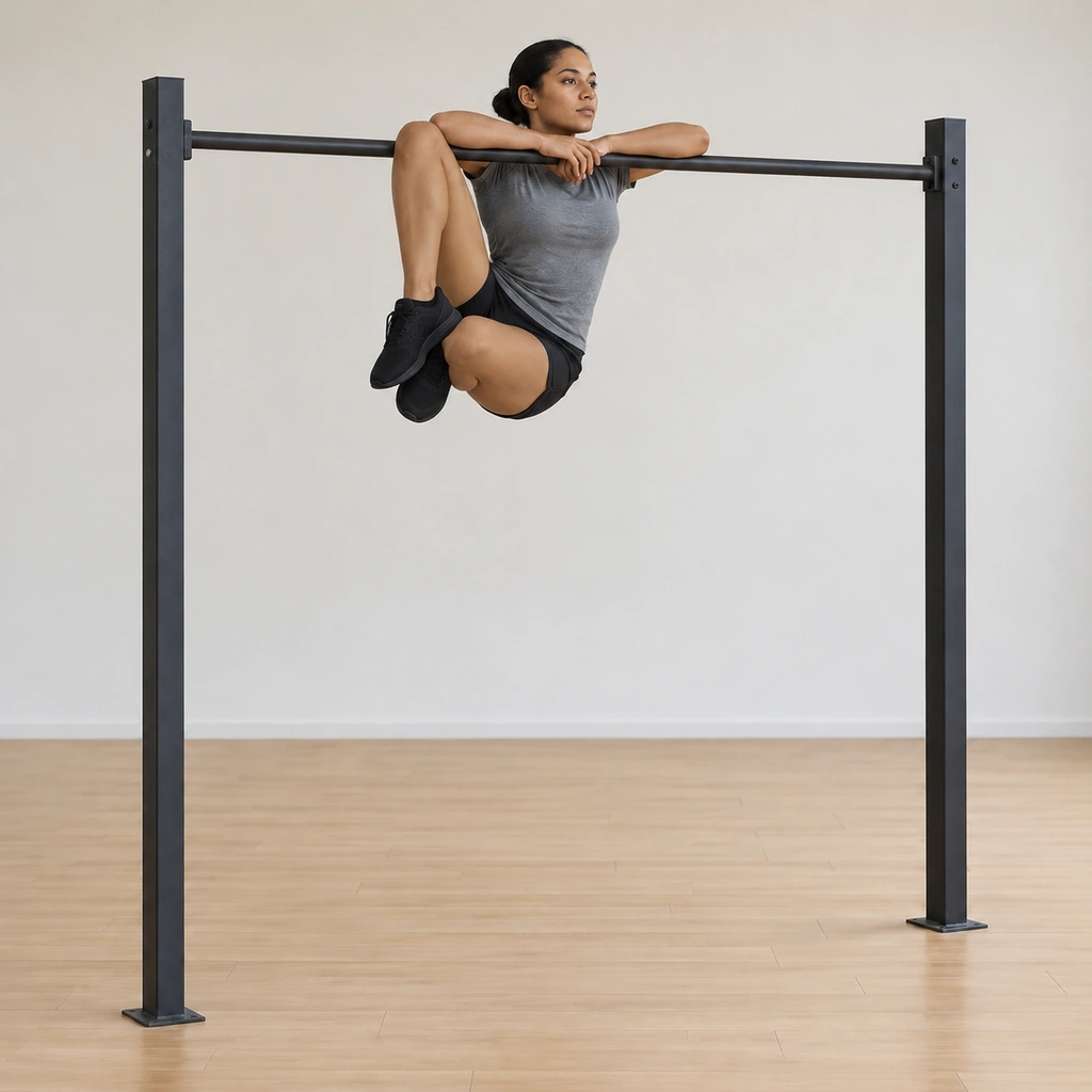 She draws both knees up toward one side with her hips rotated toward the hooking side, still supported on the forearms.