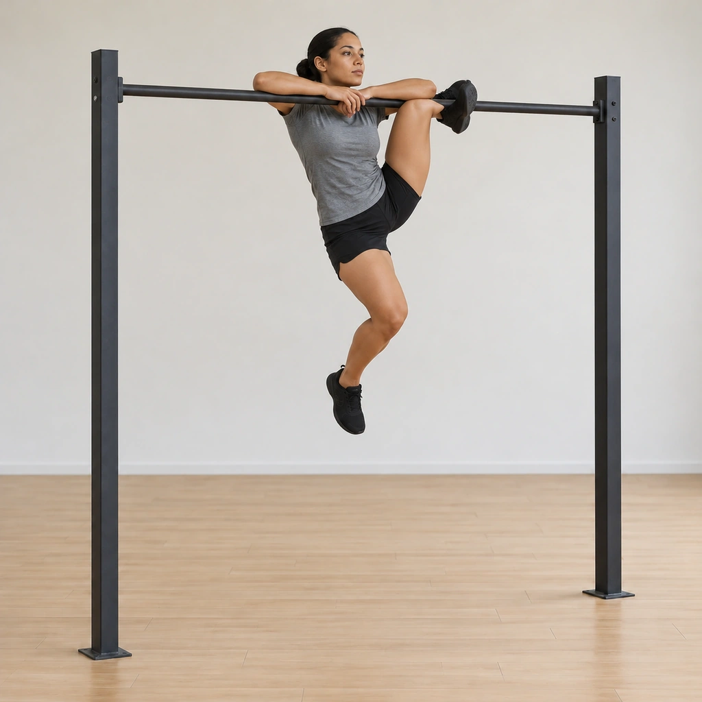 She has extended the hooking-side leg so its knee pit rests over the bar and flexes it hard, the bar squeezed between her lower hamstring and upper calf bearing her weight, the other leg bent and relaxed.