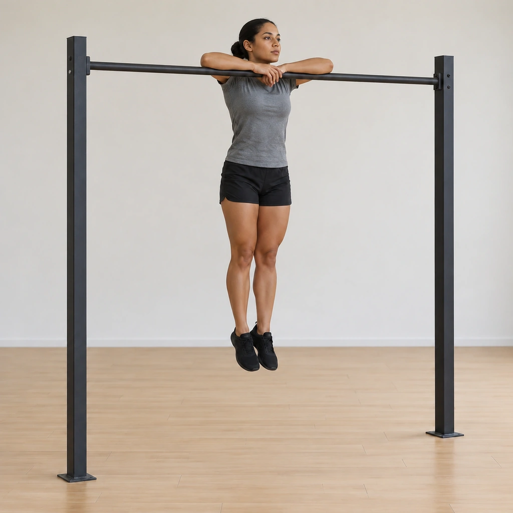 She extends the hooking leg to release the tension and lowers it back to hang, returning to the neutral forearm hang ready for the other side.