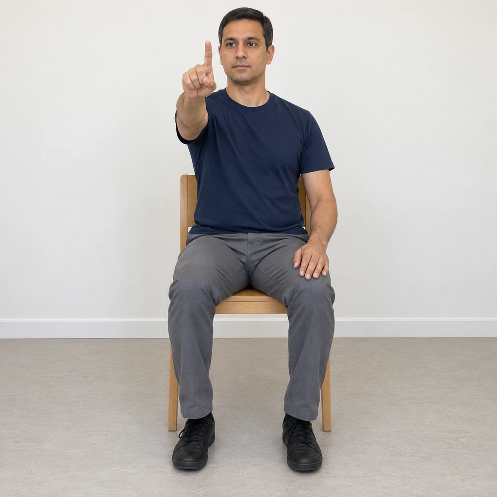 A seated man with his right arm fully extended in front of his face, index finger raised, both eyes looking at the fingertip.