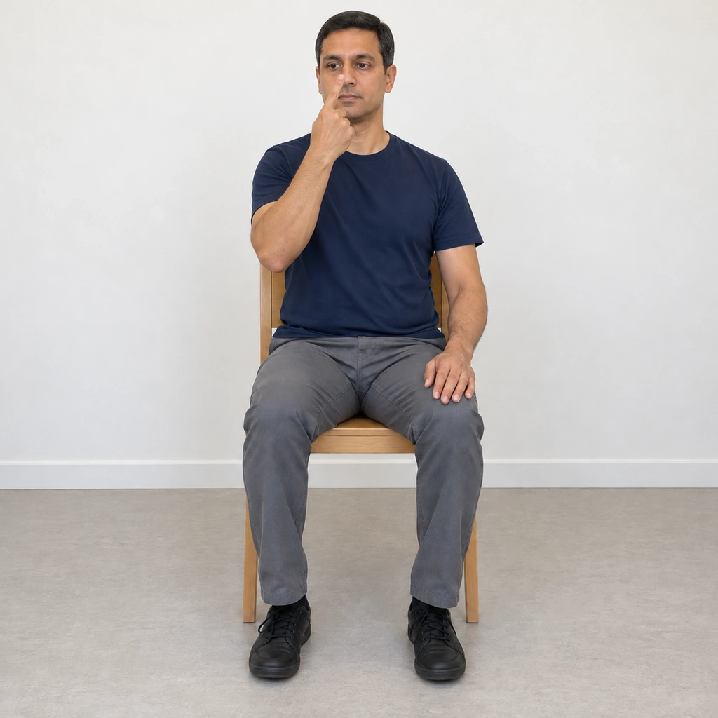 The same seated man with his right elbow bent, the raised index finger now close to his nose, both eyes still looking at it.