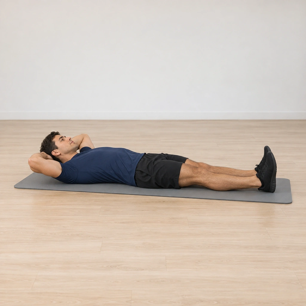 He lies supine on the mat, feet flexed a fist apart, his fingers interlaced behind his head with his head pressing back into his hands.