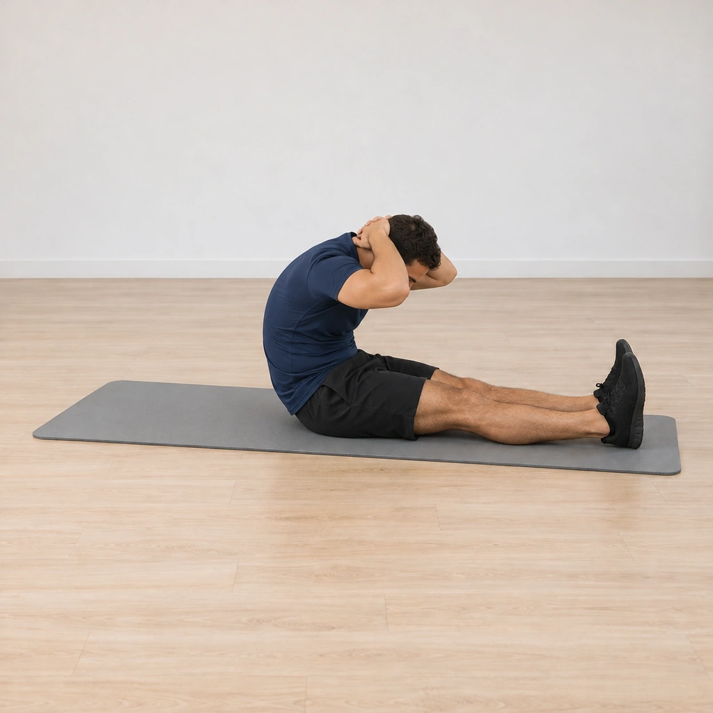He curls up and forward over his legs, his spine rounded in a deep C, his hands still clasped behind his head and his feet pressing long.