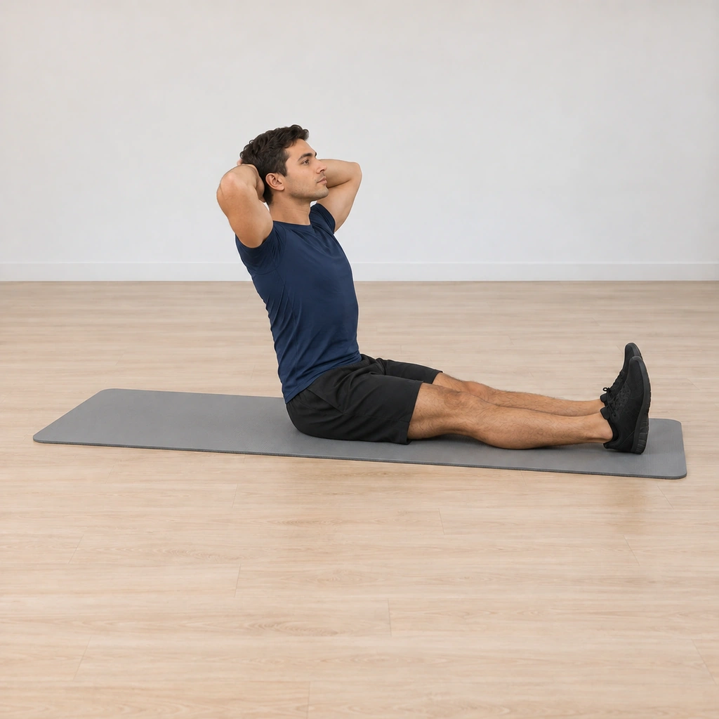 He pulses his spine up and over his legs, arriving at a tall upright sit with his hands still behind his head and his legs reaching long.