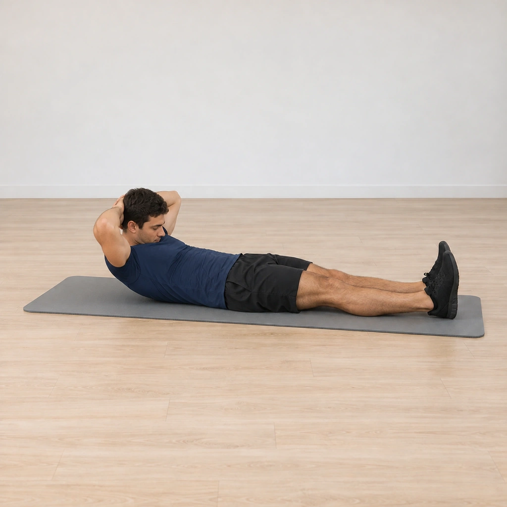 He lowers back toward the mat spine curling, his head pulling long against his interlaced hands, his legs reaching away along the floor.