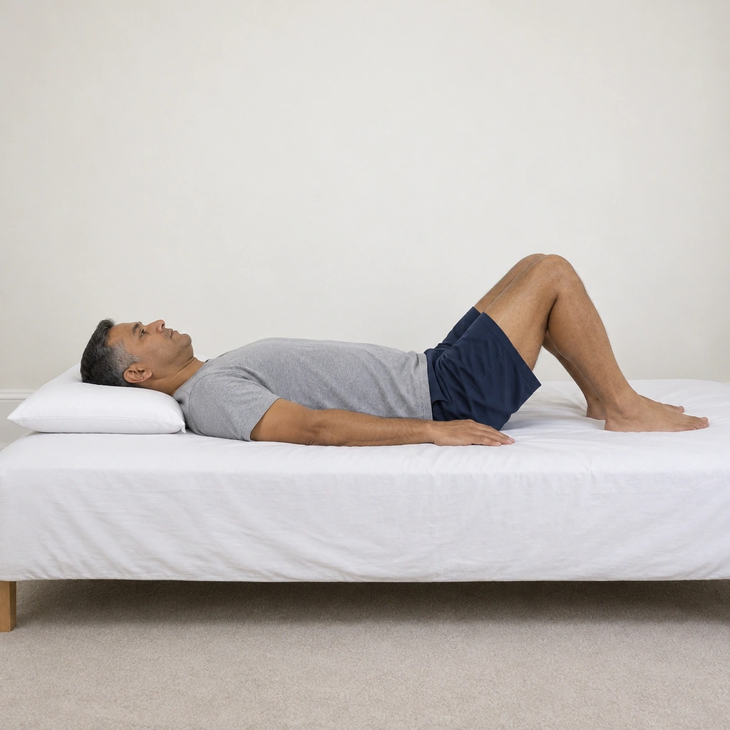 A man lying on his back on a bed with his knees bent and feet flat on the bed, his head resting gently on a pillow, arms relaxed at his sides.