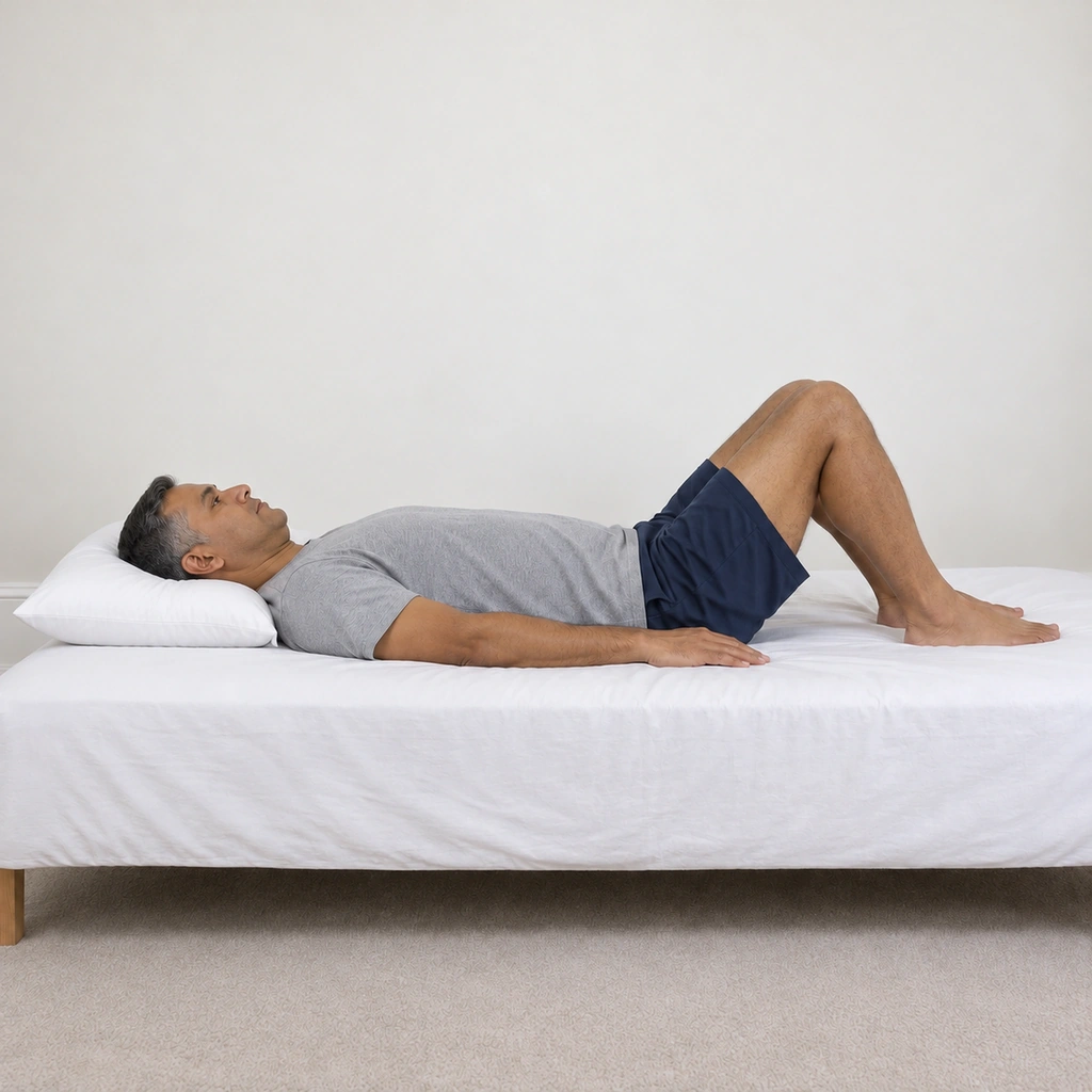 The same man lying on his back, his head now pressed a little into the pillow which is visibly dented, held level and not tilted up.
