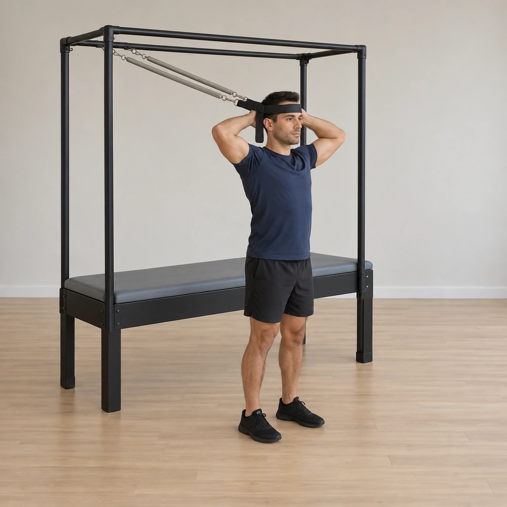 A man stands facing away from the cadillac uprights, the neck stretcher strap on his forehead, hands holding it behind his head, springs reaching behind him.
