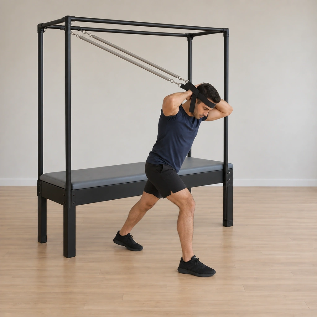 His right foot has lunged forward as his spine bends through the neck stretcher, the springs drawing the strap back.
