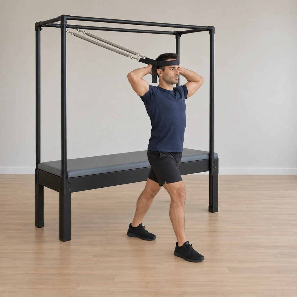 He is rolling his spine back up to tall over the lunge, the strap held on his forehead.