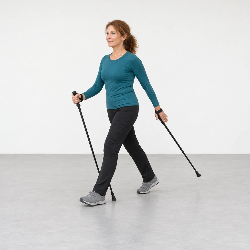 Woman Nordic walking with her left foot forward and her right pole planted beside her, her left arm reaching back.