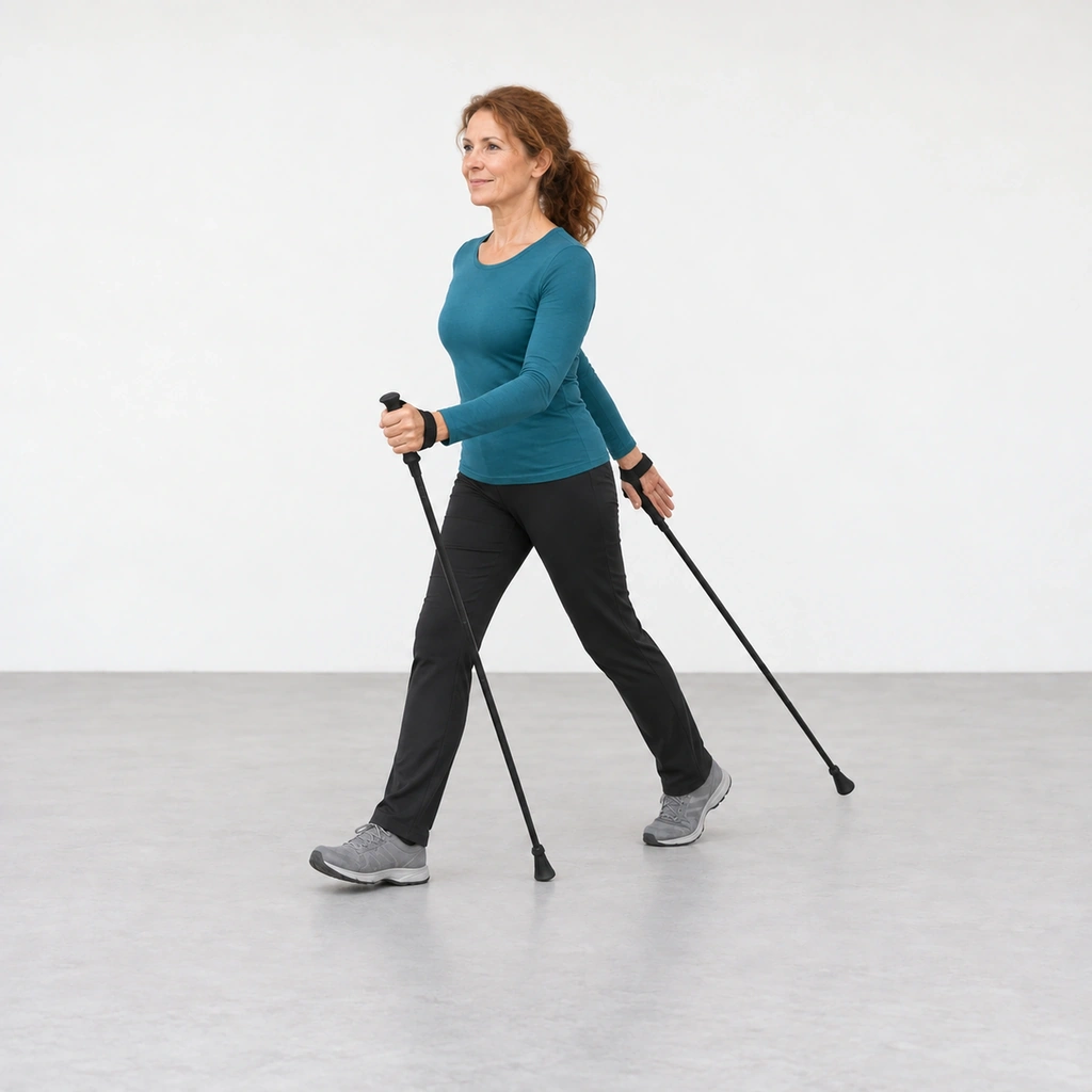 Woman Nordic walking with her right foot forward and her left pole planted beside her, her right arm reaching back.