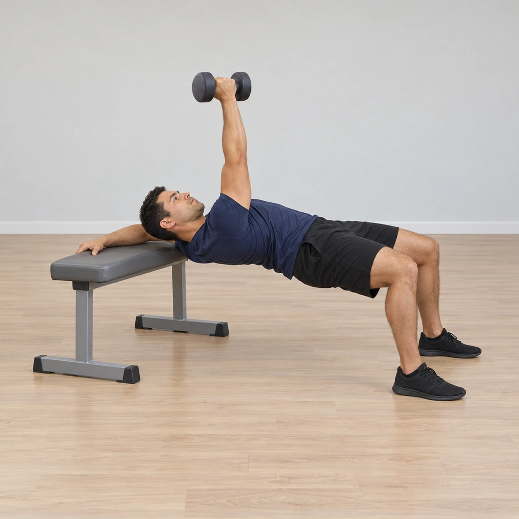 He lies face up diagonal across the flat bench, the top of his back on the bench and his right shoulder off it, his left hand gripping the bench above his head, feet flat on the floor and hips pressed up, the dumbbell held in the right hand.