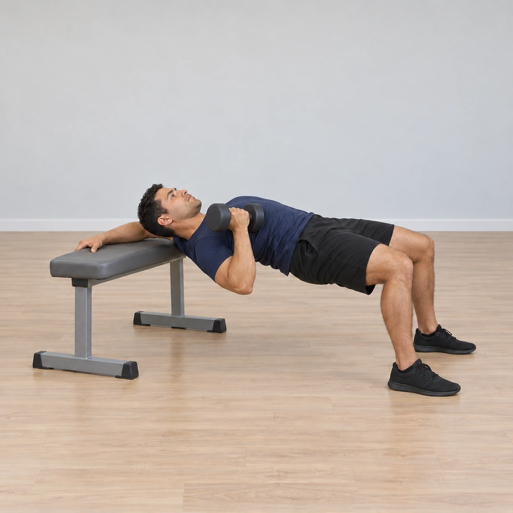 He is lowering the dumbbell, his right elbow bending down past the bench edge below bench level, the weight descending beside his chest, hips still pressed up and the left hand holding the bench.