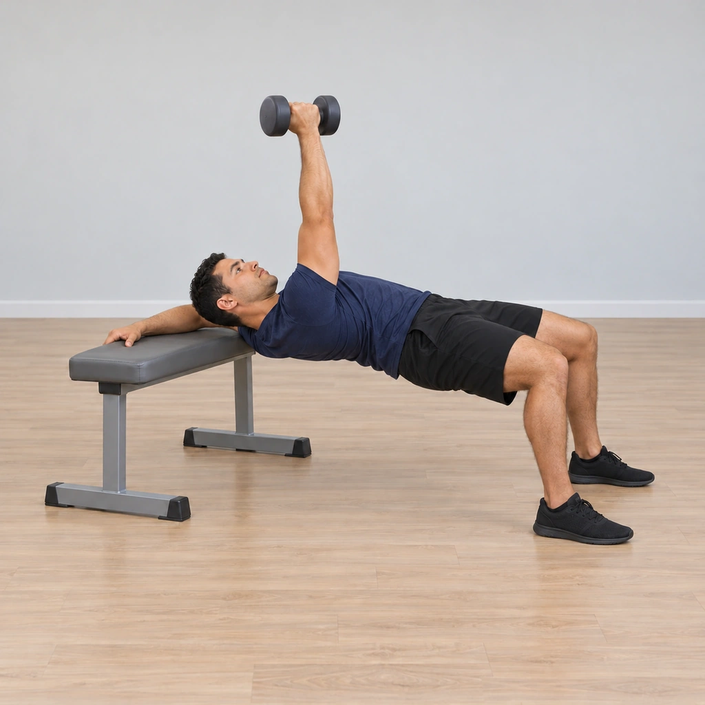 He is pressing the dumbbell upward, right arm straightening to bring the weight over the center of his chest, hips still raised, the offset position held, the left hand gripping the bench.