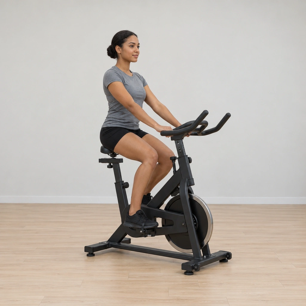 She sits tall on the bike saddle, both feet resting on the pedals, hands resting on the handlebars, settled and steady.