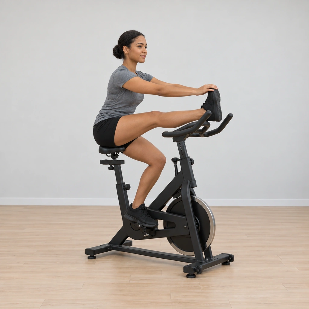 She has raised her right leg so the heel rests on the handlebars, the leg extended upward, sitting tall and steady on the saddle.