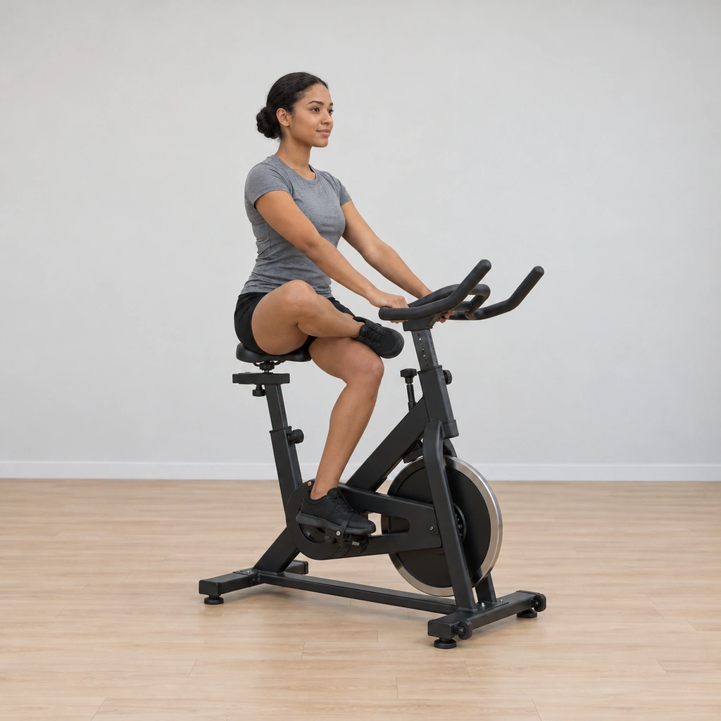 She sits on the saddle with her right ankle crossed to rest over her left knee, the legs forming a figure four, torso tall and hands steadying on the bars.