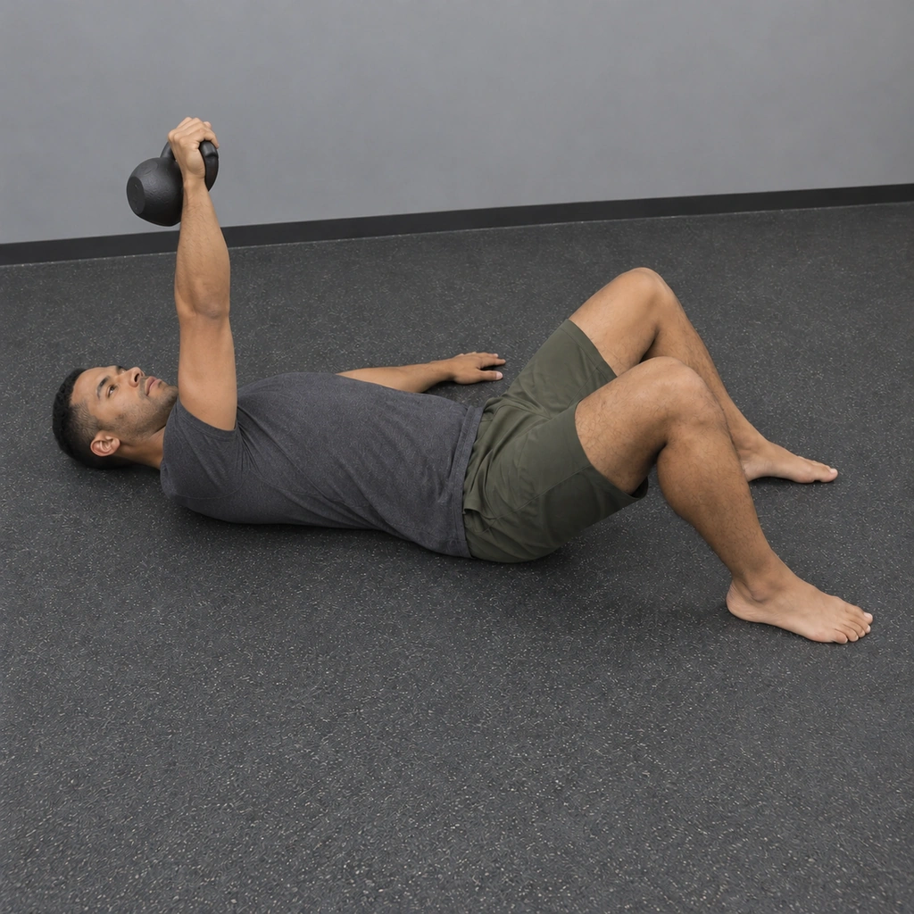 The same man, his working arm now fully extended straight up, the kettlebell locked out overhead.