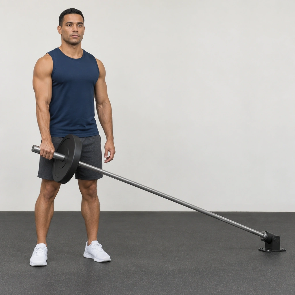 A man standing upright, his right hand holding the end of a landmine barbell low in front of his body.