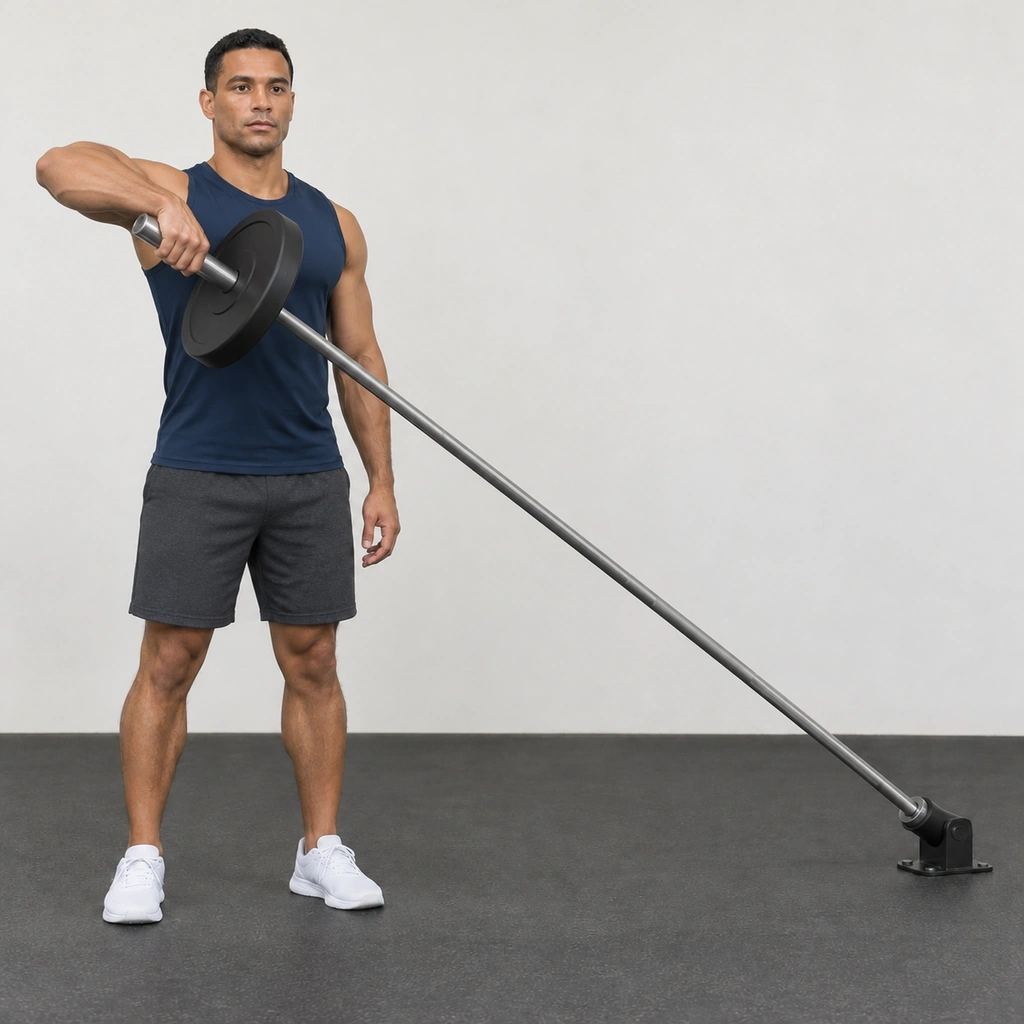 The same man with his right elbow lifted out to the side and his hand holding the bar end just above chest height.