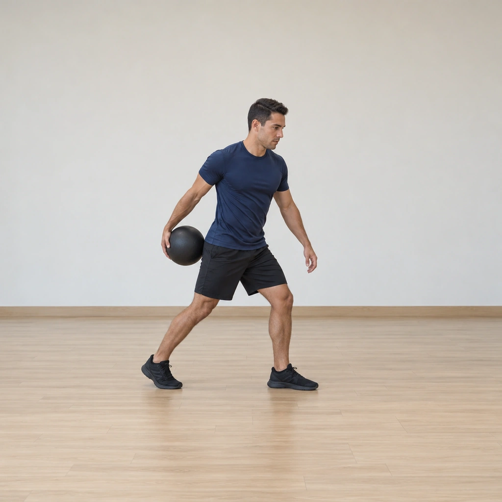 He stands in a staggered athletic stance, holding the medicine ball in his right hand on the side of his back leg.