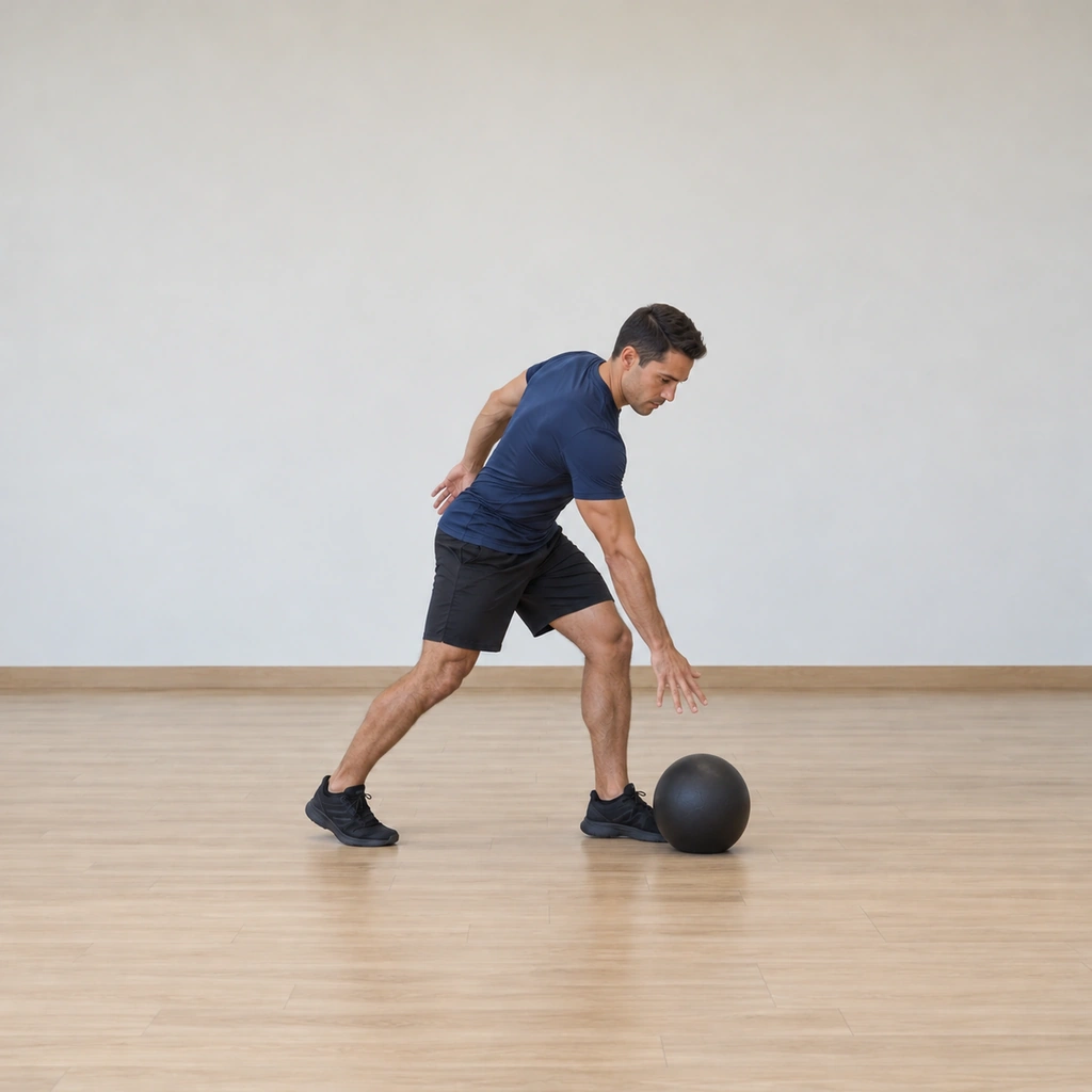 He is flexing through the shoulders, spine and hips, throwing the ball down into the floor directly in front of him.