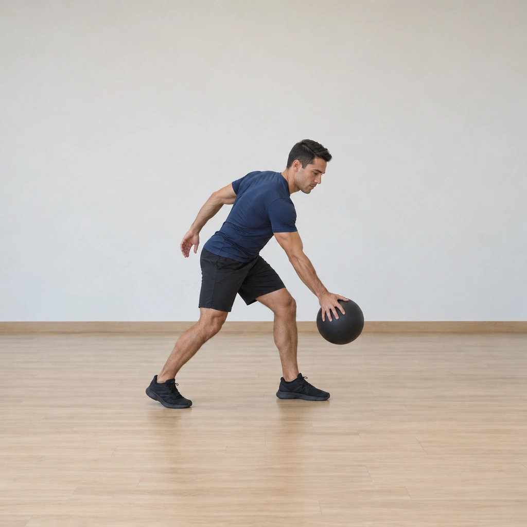 He is catching the ball on its upward bounce just off the floor, knees and hips flexed, ready to reset.