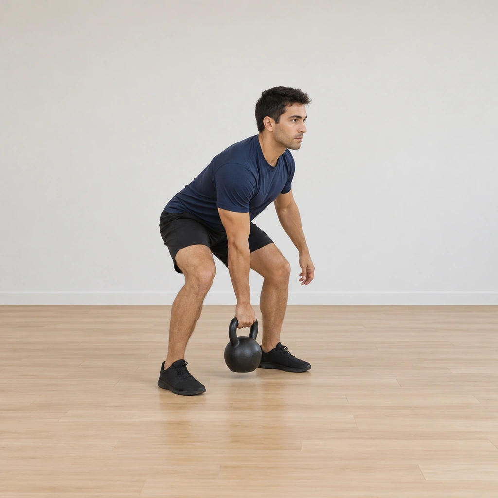 He stands hinged forward with the kettlebell between his feet, right hand gripping its handle, the bell resting on the floor.