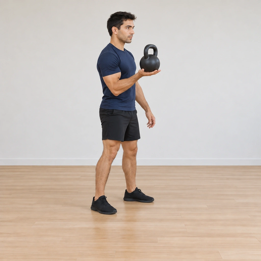 He raises the kettlebell rapidly, the bell flipped so its ball rests in his open right palm at chest height, the handle pointing up.