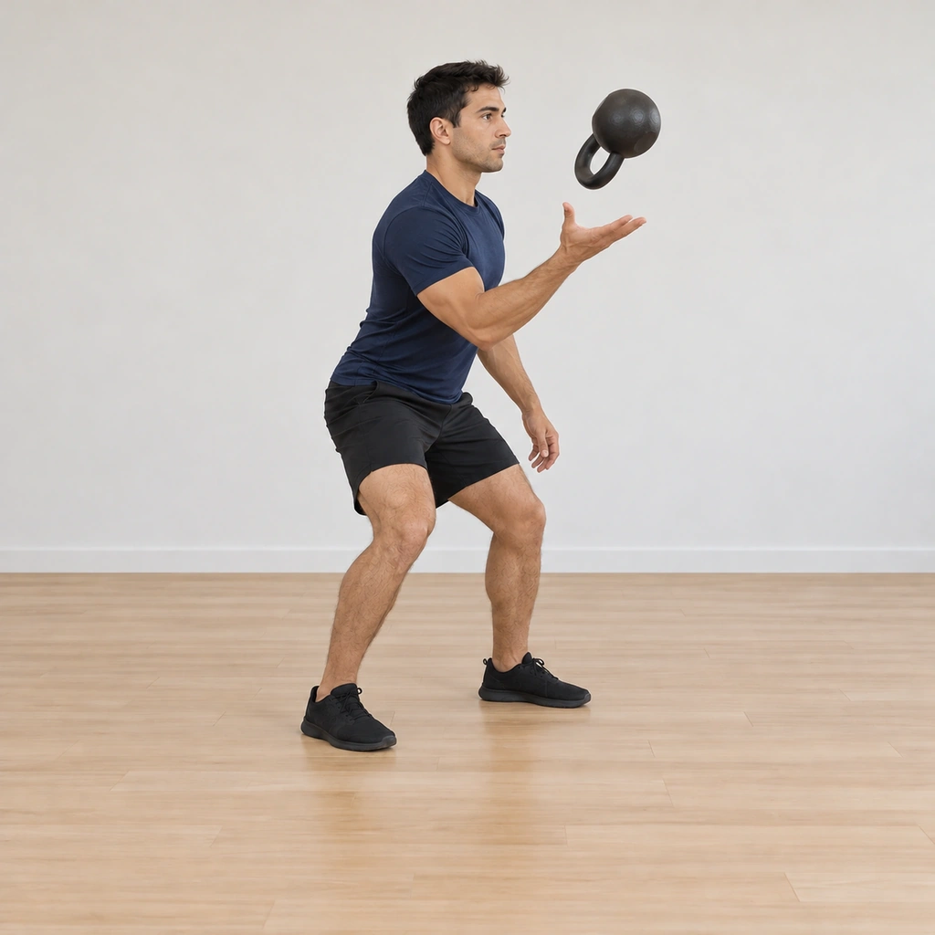 He throws the kettlebell out in front of him at chest height, the bell traveling forward away from his hand, his arm extended in the release.